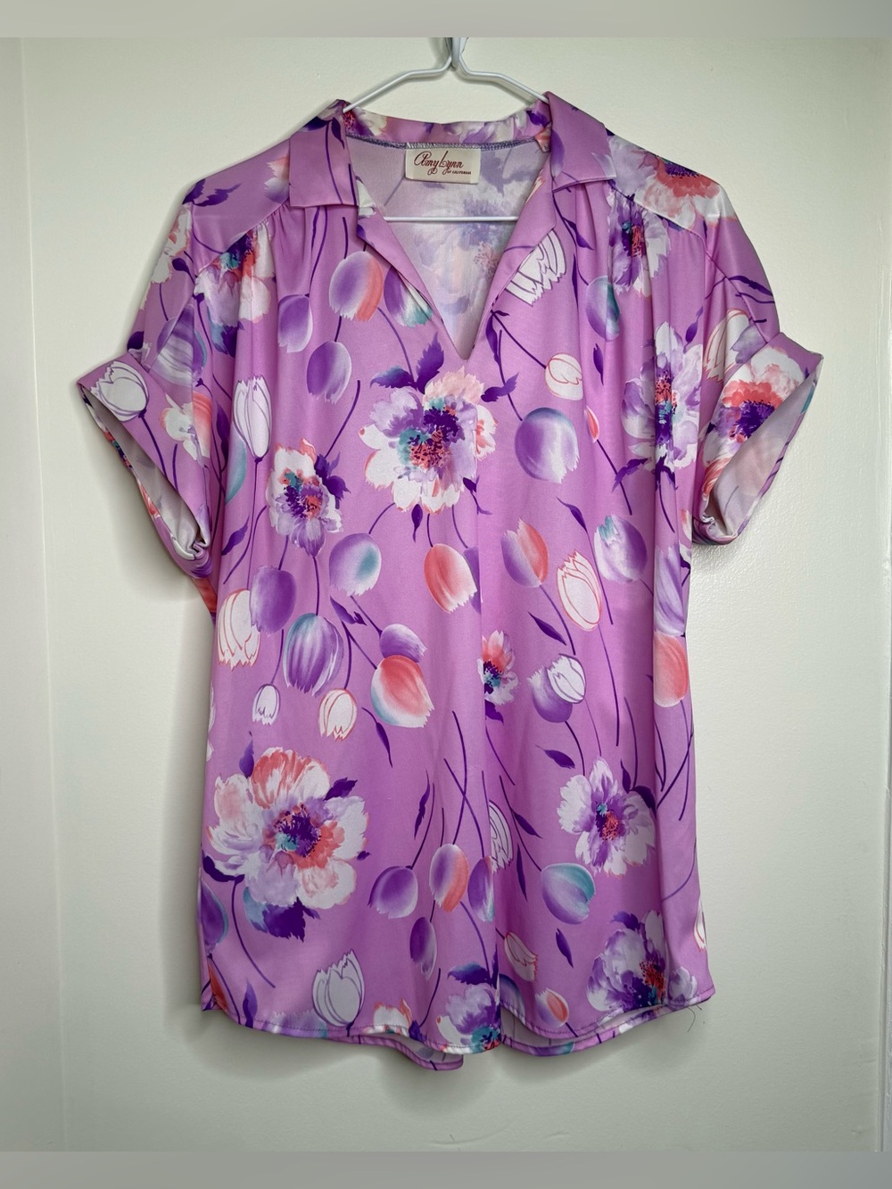 Vintage Amy Lynn Floral Blouse Top Split Neck Cuffed Sleeve Purple No Size